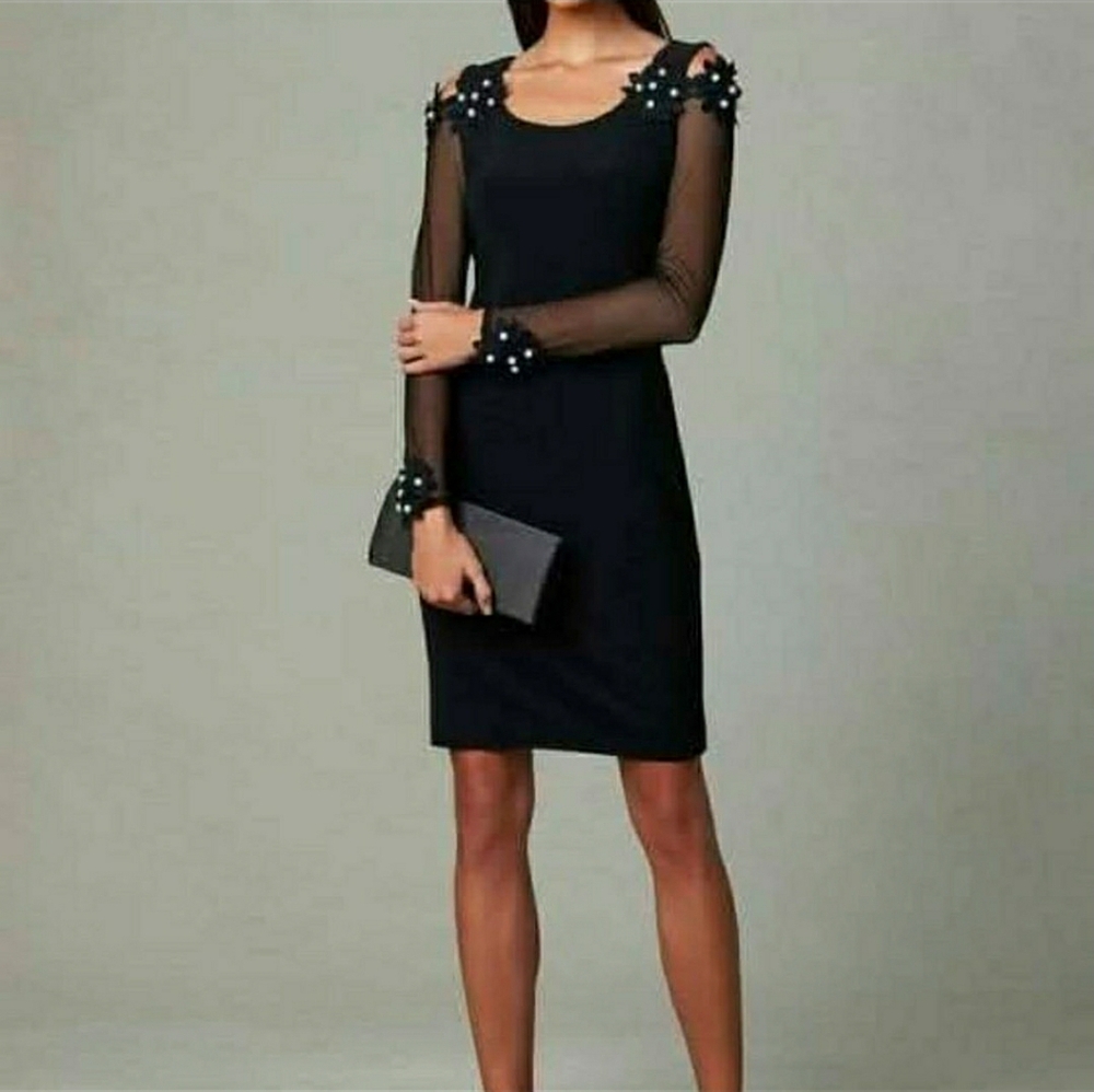 Joseph Ribkoff Black Dress with Sheer Embellished Sleeves